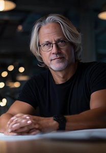 Man with gray hair and glasses sits at a desk in a dimly lit office, looking at the camera with a neutral smile.